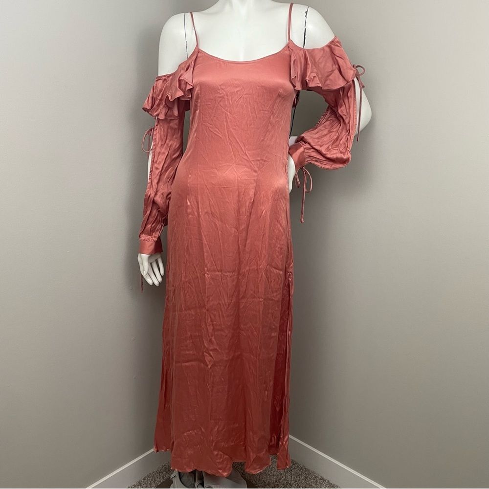 NWT LPA REVOLVE Tie Up Sleeves Silky Ruffle Pink Midi Dress